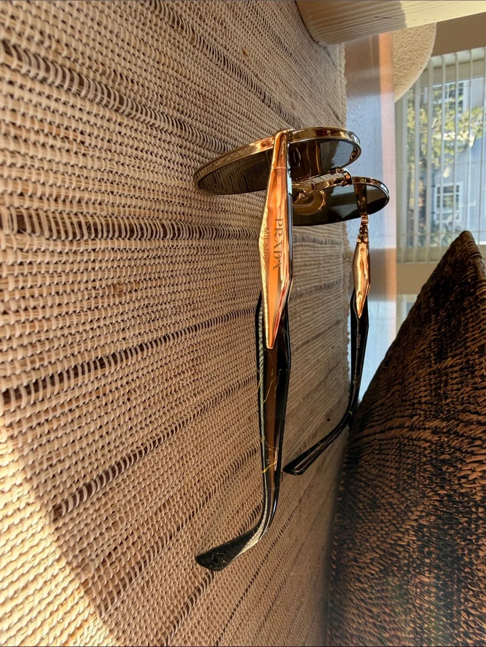 Prada SPR 56Z Gold Frame Sunglasses with Black/Green Marbled Temples. Like New!